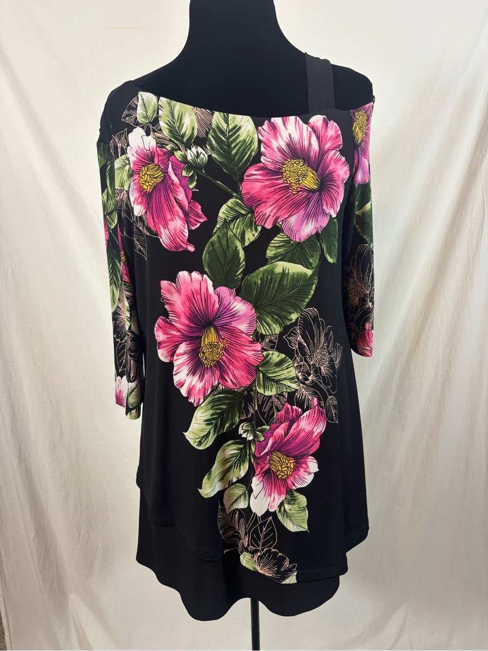 Joseph Ribkoff Floral Asymmetrical Cold Shoulder Tunic Top Size 12
